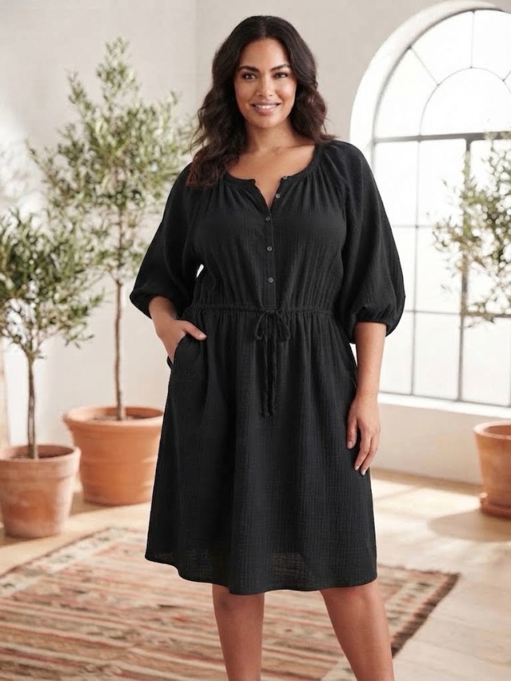 Old Navy size XL Black Button-Front Cotton Dress with relaxed puff sleeves
